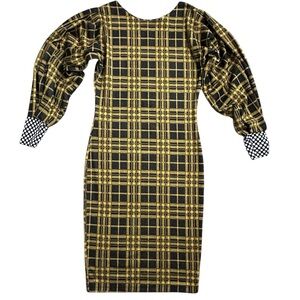 REDFUNKCOLLECTIVE Size Small Fitted Yellow & Black Plaid Puff Sleeve Dress EUC